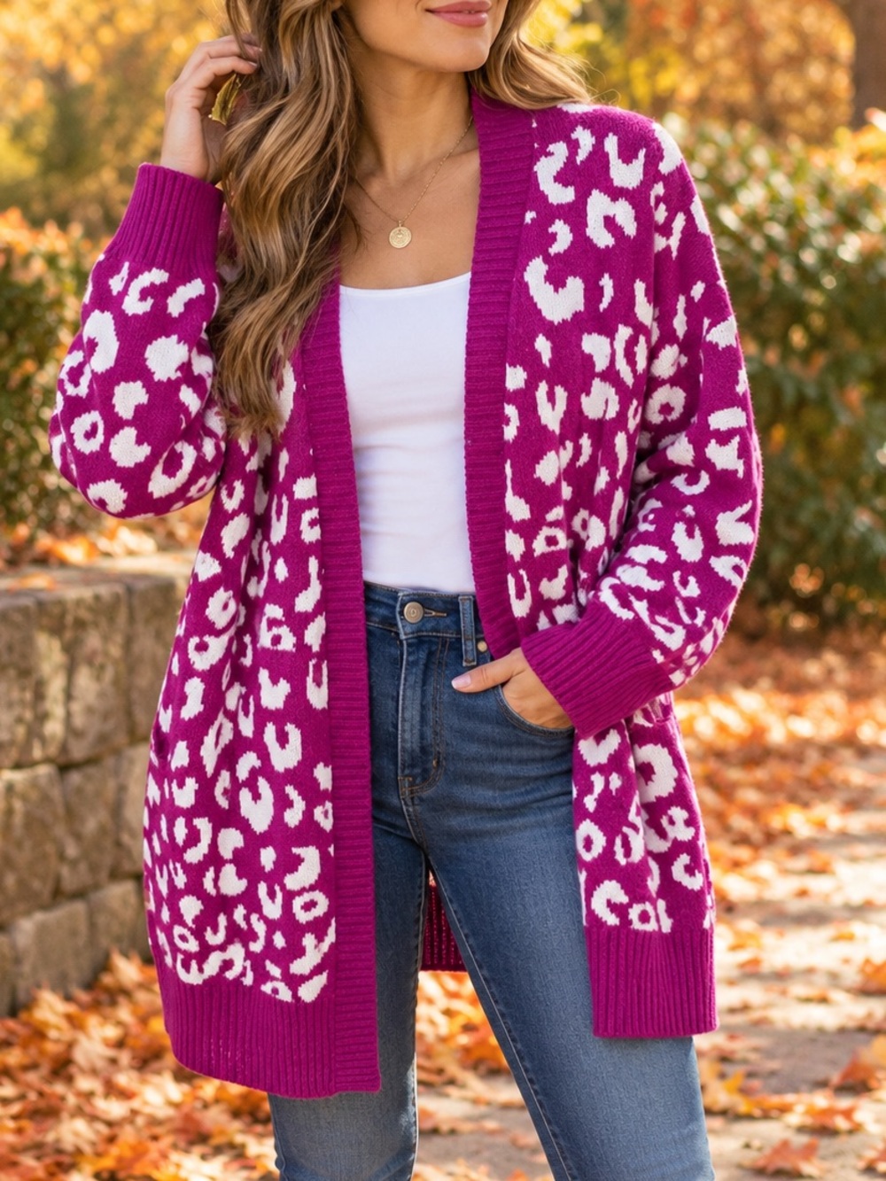 1.4.3 Story Pink Leopard Print Open Front Cardigan Sweater M Oversized